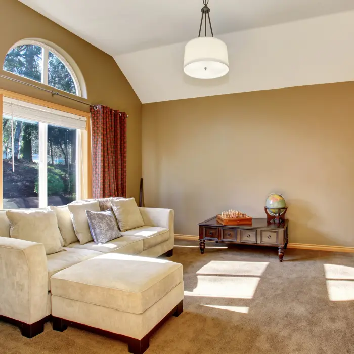 A cozy living room bathed in warm sunlight, featuring a plush sectional sofa and a charming fireplace that invites relaxation. The earthy tones and tasteful decor create a welcoming atmosphere perfect for family gatherings or quiet evenings spent reading by the glow of the fire.