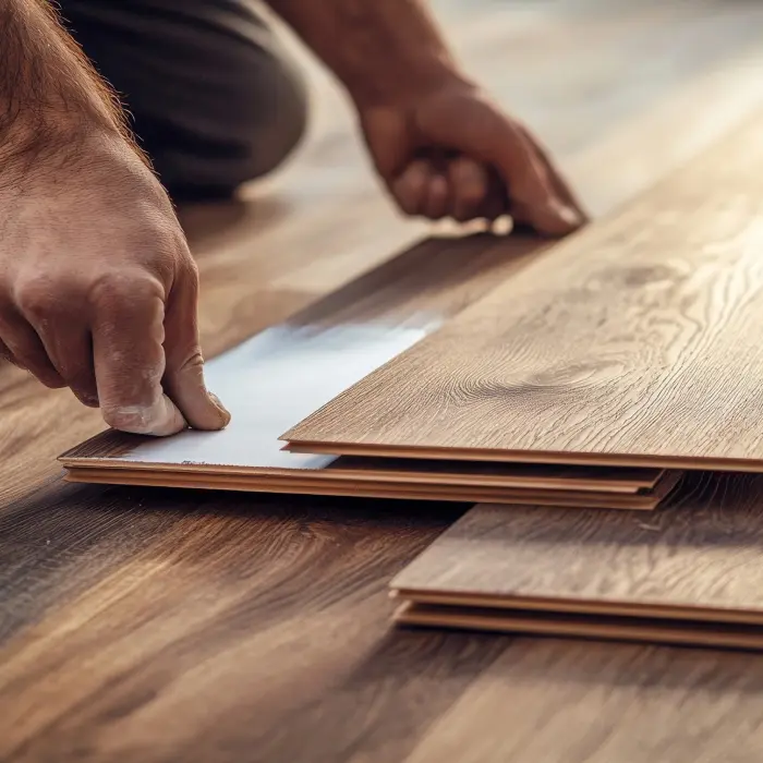 Close up of a worker installing wooden flooring in an apartment with warm lighting and detail