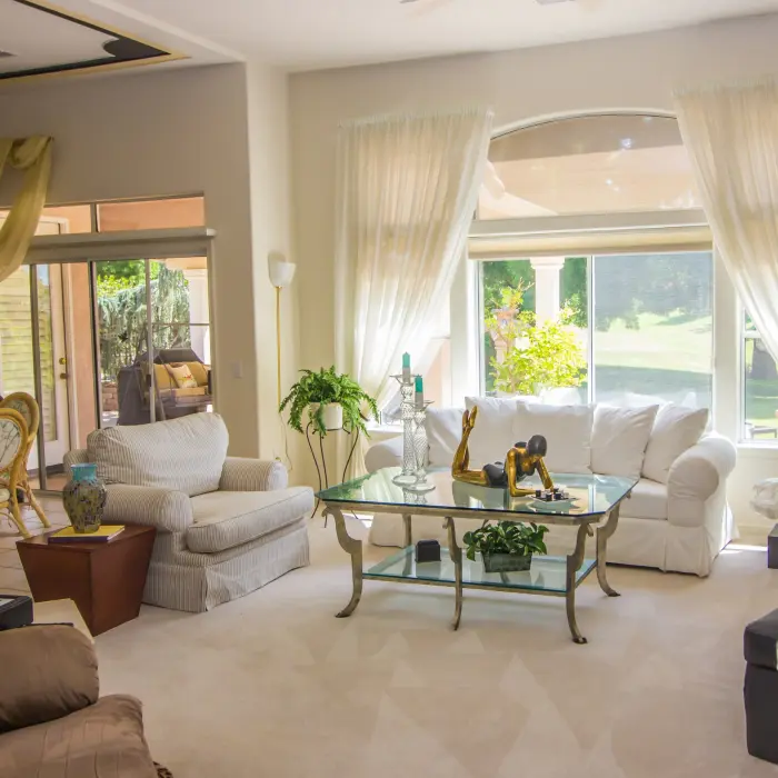 Modern carpeted Living Room With Couch And Glass Table