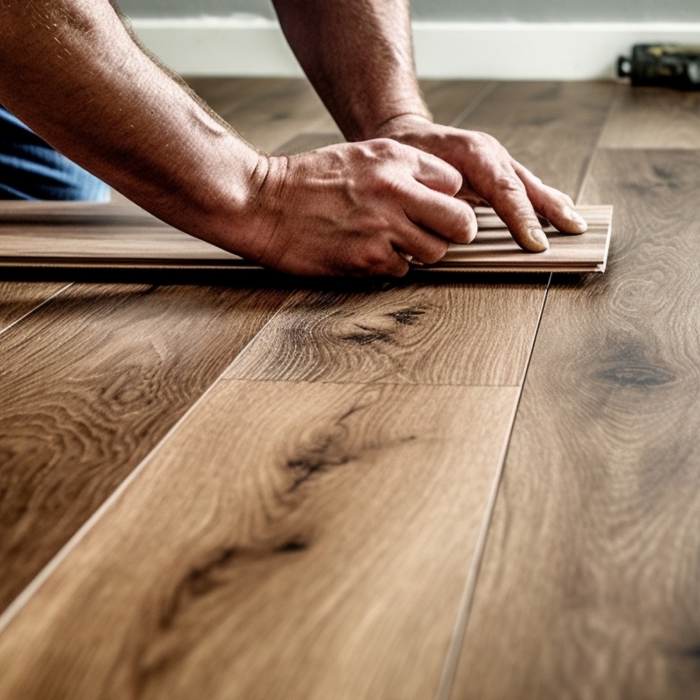 Close up of a worker installing wooden flooring in an apartment with warm lighting and detail